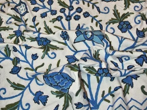 Cotton Crewel Embroidered Bedspread "Tree of Life", Blue and Green #DDR1012