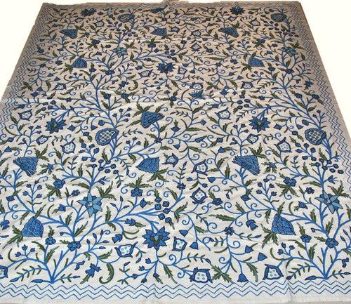 Cotton Crewel Embroidered Bedspread "Tree of Life", Blue and Green #DDR1012