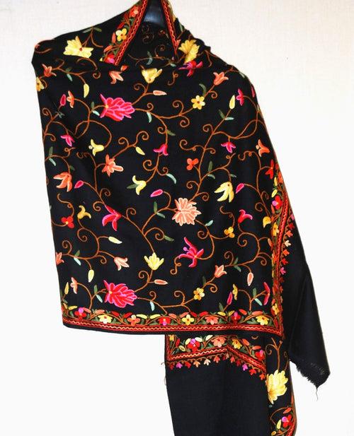 Kashmir Wool Shawl Wrap Throw Black, Multicolor Embroidery #WS-147