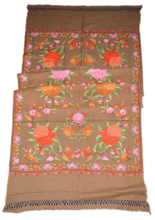 Embroidered Wool Shawl Wrap Throw Schal Beige, Multicolor Embroidery #WS-119