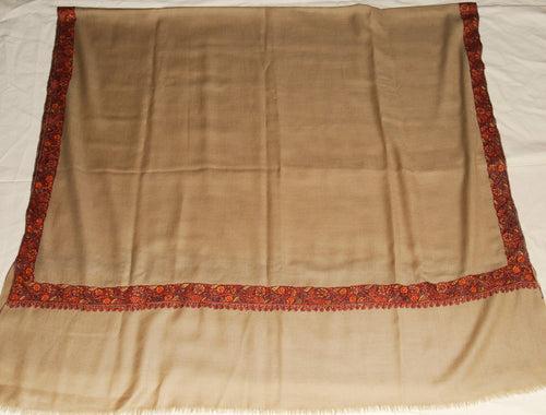 Kashmir Wool Shawl Wrap Throw Beige, Multicolor "Sozni" Embroidery #WS-503