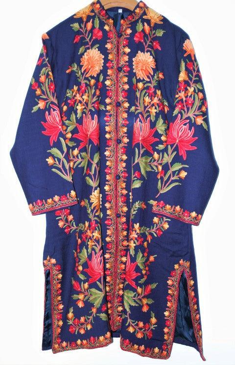 Woolen Coat Long Jacket Navy, Multicolor Embroidery #AO-134