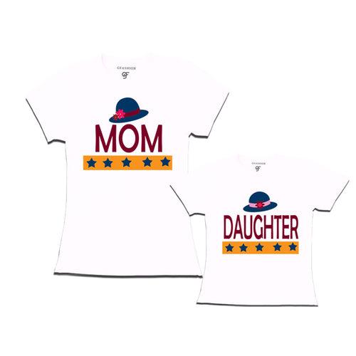 MOM DAUGHTER HAPPY FAMILY WITH HATS PRINT MATCHING FAMILY T SHIRTS