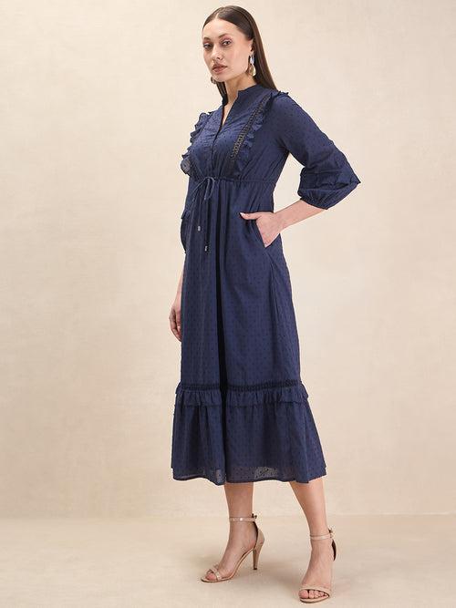 Navy Dobby Drawstring Tiered Maxi Dress