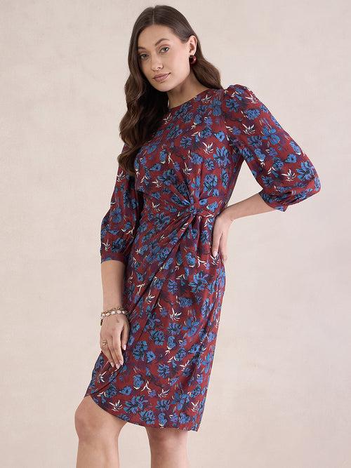 Red Floral Print Knotted Knee Length Dress