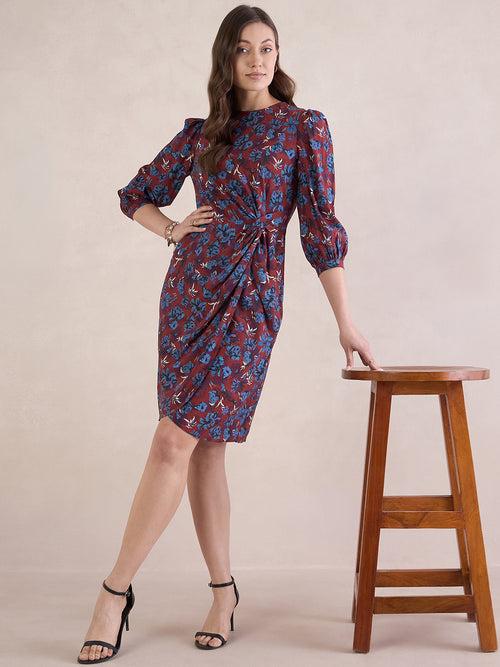 Red Floral Print Knotted Knee Length Dress