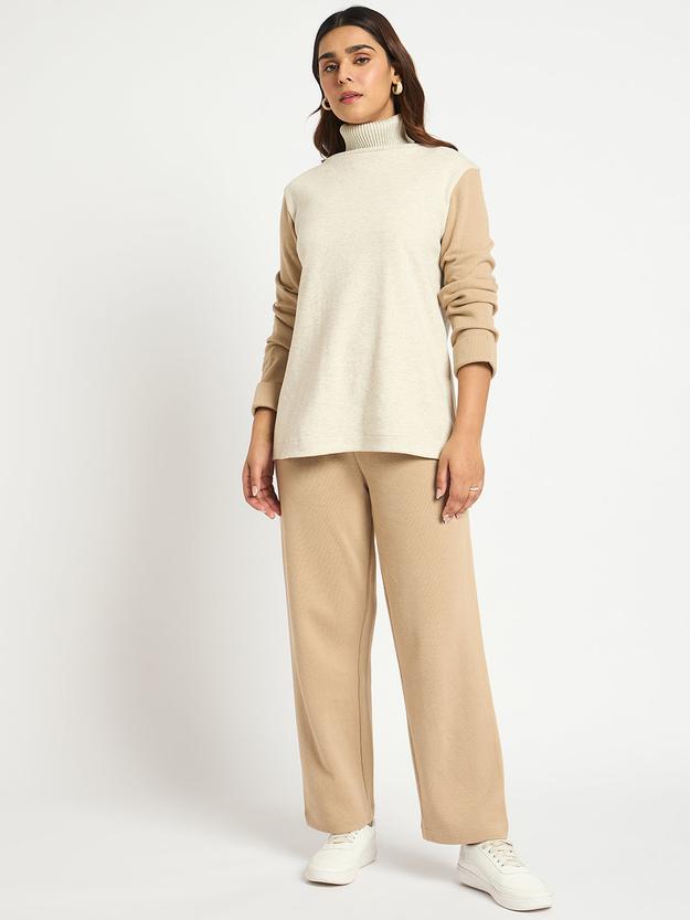 Beige Colorblock High Neck Roll Up Sweater With Straight Pant