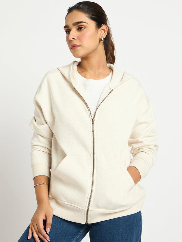 Oat Melange Oversized Front Zip Fleece Hoodie