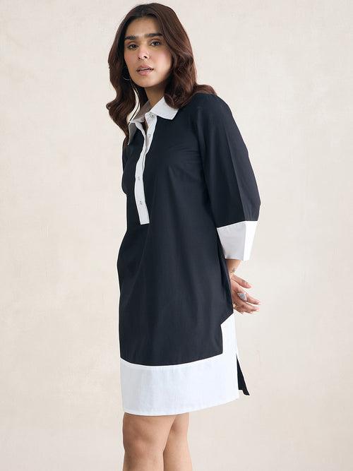 Black Colorblock Knee Length Shirt Dress