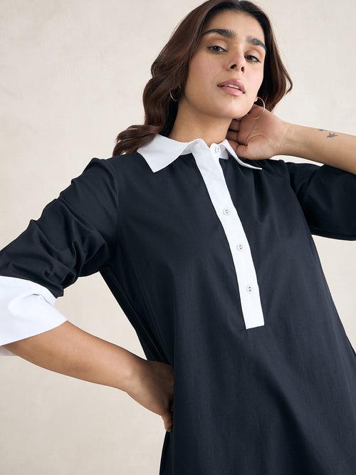 Black Colorblock Knee Length Shirt Dress