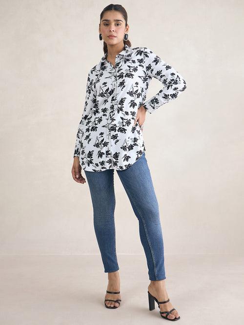 White Floral Top Stitch Detail Shirt