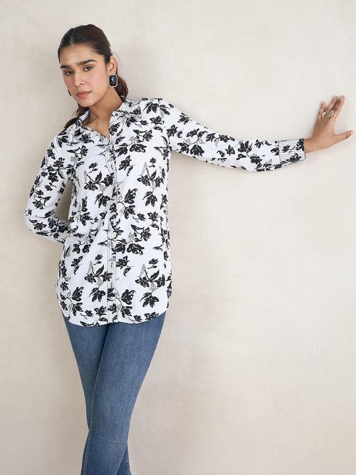 White Floral Top Stitch Detail Shirt