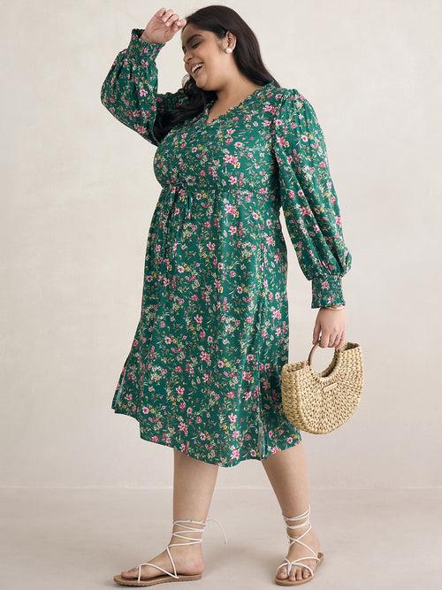 Green Floral Print Ruffle Detailed Midi Dress