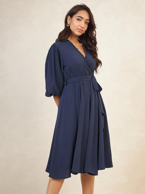 Navy Crinkle Wrap Midi Dress