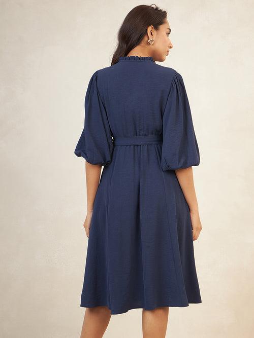 Navy Crinkle Wrap Midi Dress