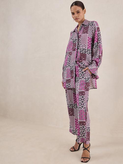 Purple Scarf Printed Button Down Coord Set