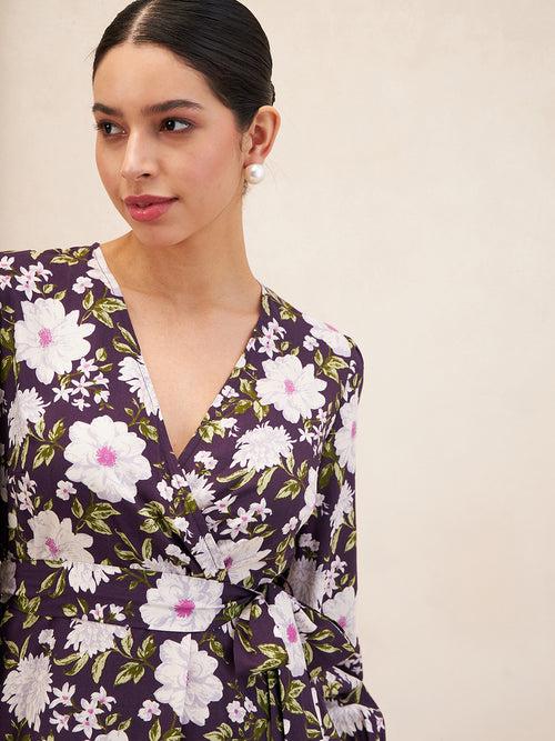 Purple Floral Printed Wrap Midi Dress