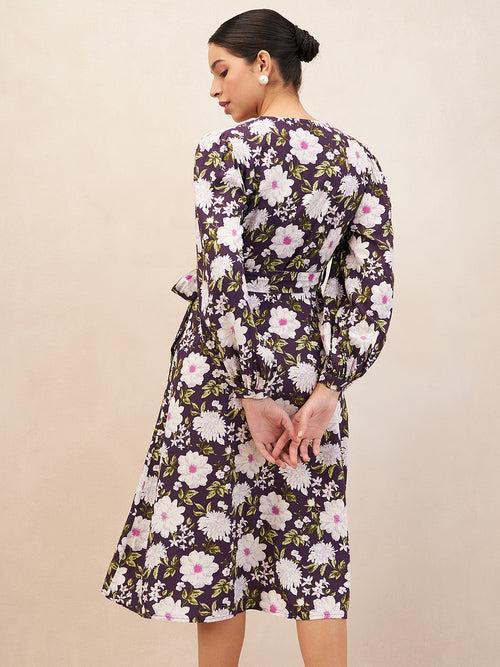 Purple Floral Printed Wrap Midi Dress