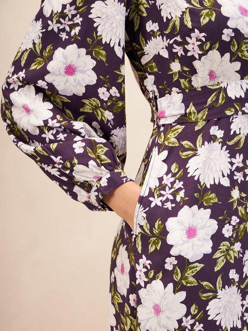 Purple Floral Printed Wrap Midi Dress