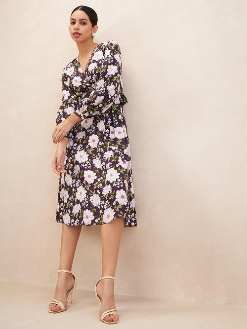 Purple Floral Printed Wrap Midi Dress