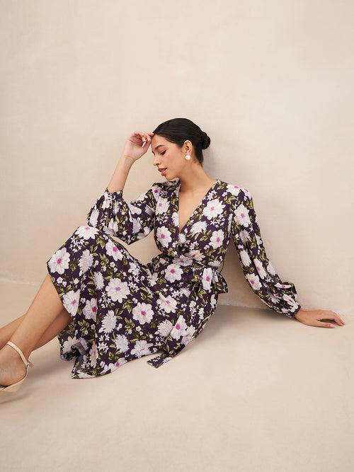 Purple Floral Printed Wrap Midi Dress