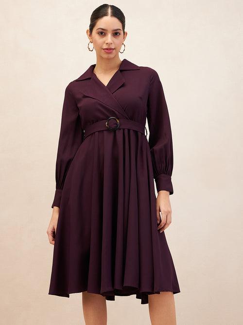 Wine Lapel Collar Wrap Midi Dress