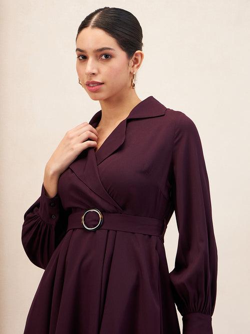 Wine Lapel Collar Wrap Midi Dress