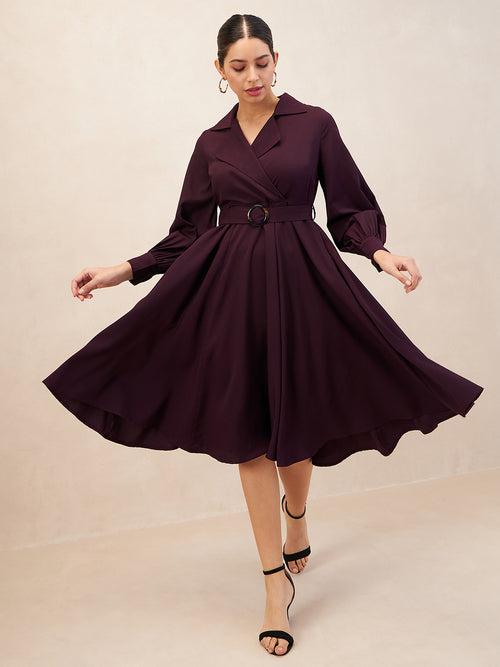 Wine Lapel Collar Wrap Midi Dress