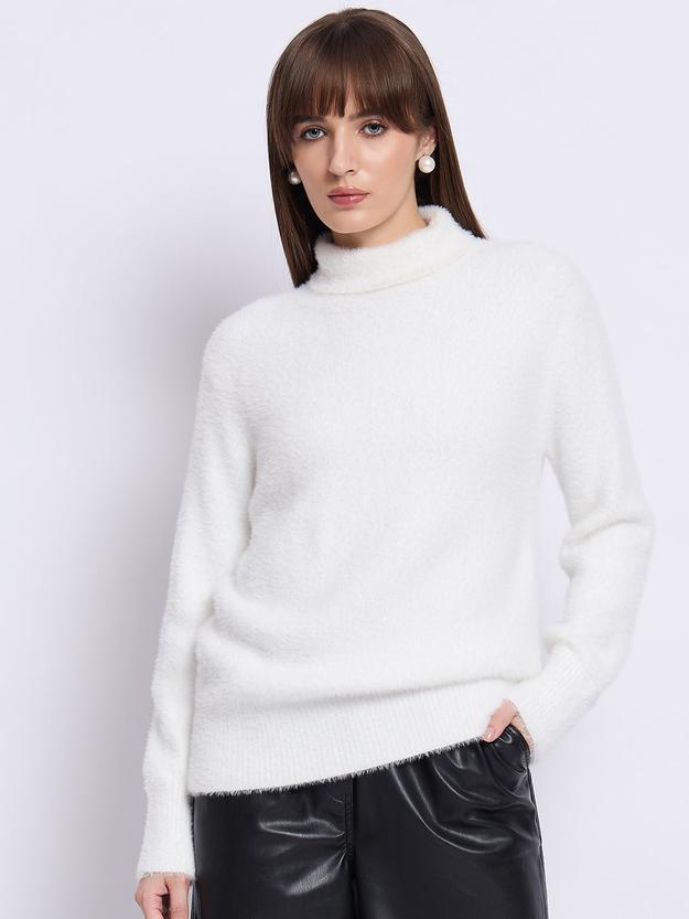 White Fur High Neck Sweater