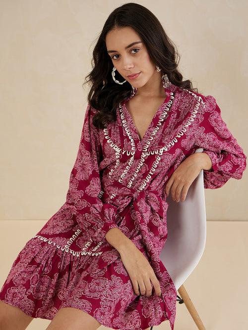 Wine Floral Printed Lace Detail Belted Knee Length Dress