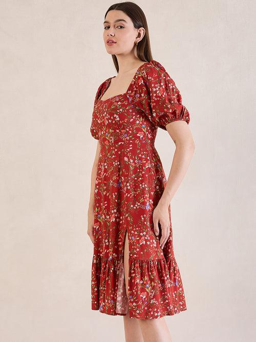 Rust Floral Front Slit Midi Dress