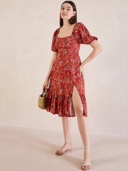 Rust Floral Front Slit Midi Dress