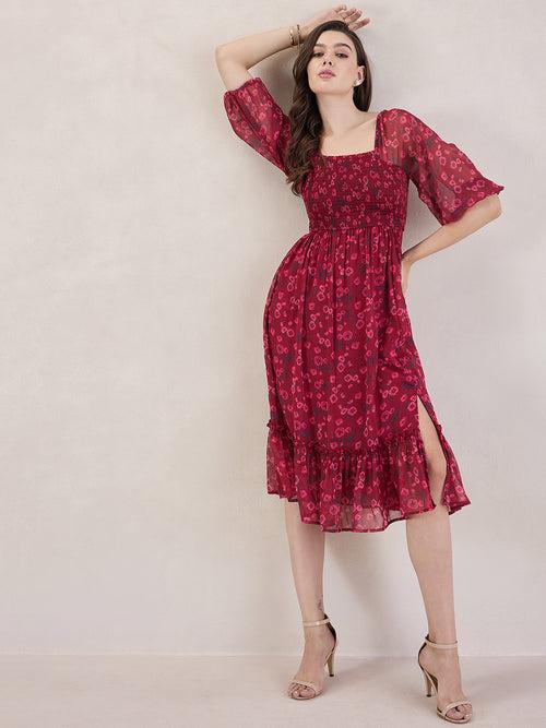 Red Floral Smocked Midi Dress