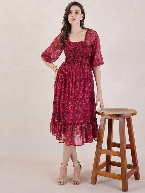 Red Floral Smocked Midi Dress