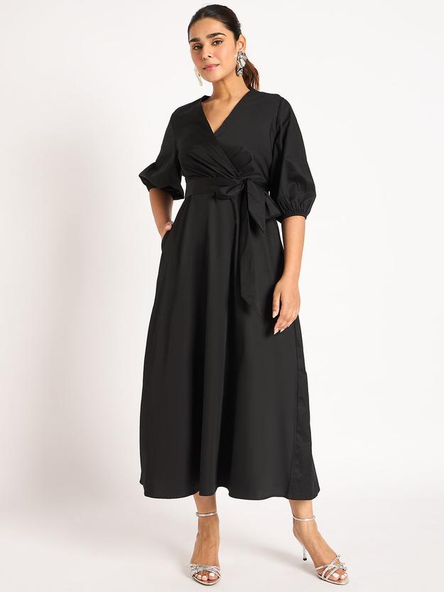 Black Pleat Detail Wrap Maxi Dress