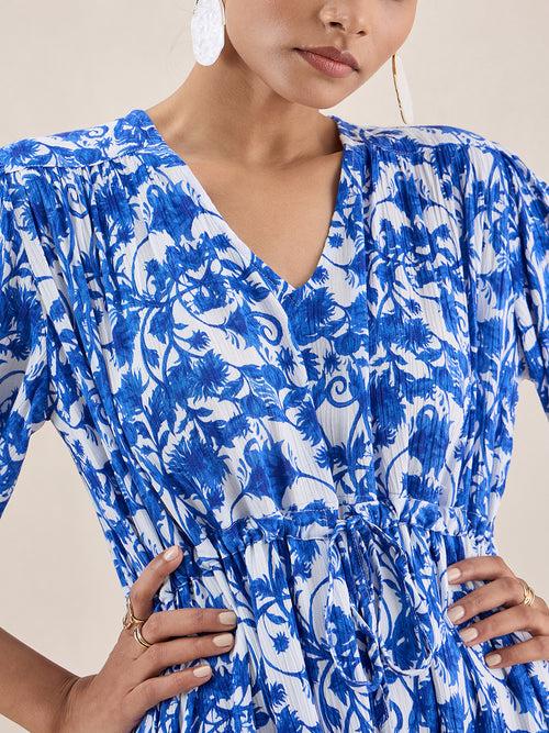 Blue And White Crinkled Tie-Up Midi Dress