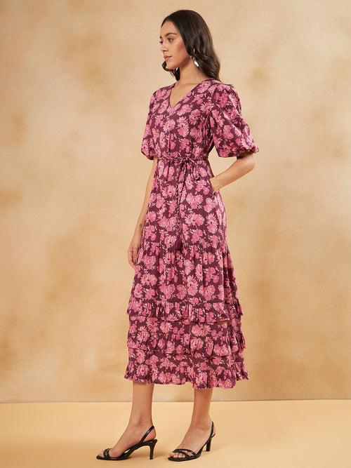 Wine Floral Belted Tiered Maxi Dress