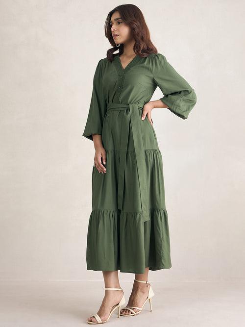 Olive Smocked Detailed Tiered Maxi Dress