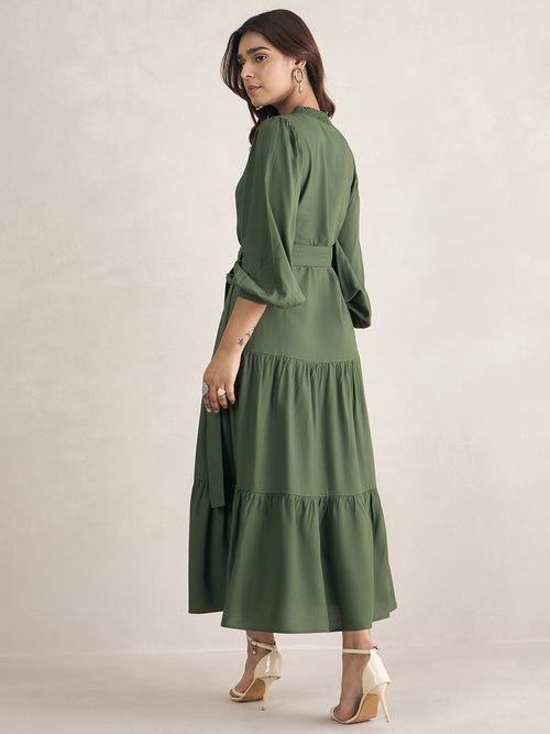 Olive Smocked Detailed Tiered Maxi Dress