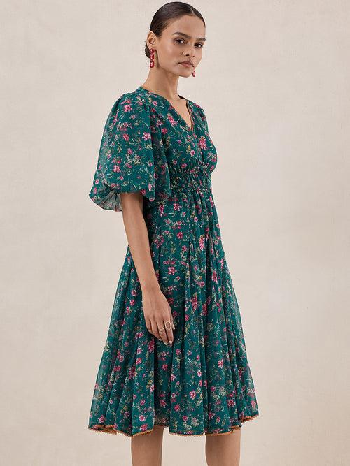 Green Floral Printed Midi Dress