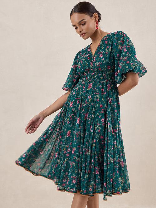 Green Floral Printed Midi Dress