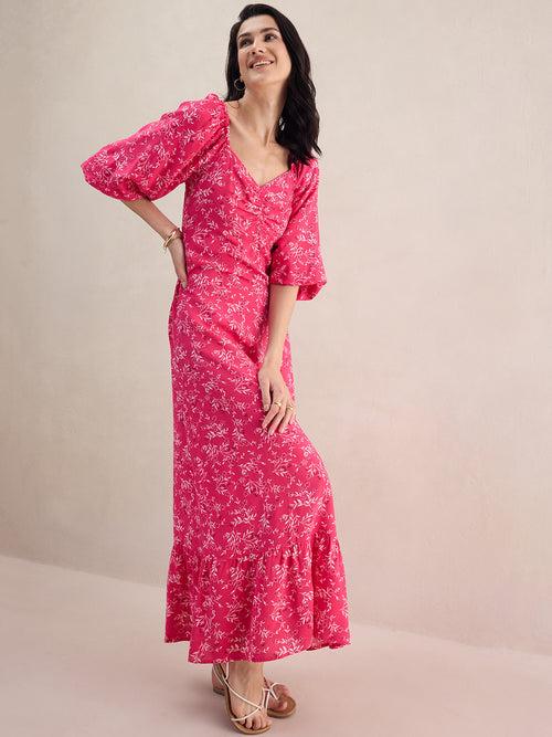 Pink Floral Printed Tiered Maxi Dress