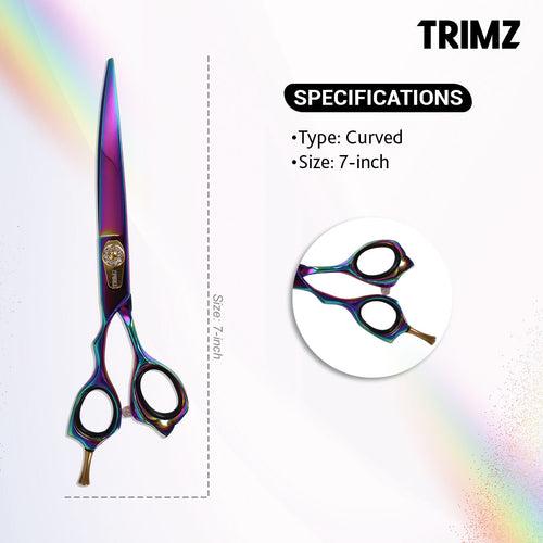 Trimz Left-Handed Curved Rainbow Scissors for Pet Grooming.