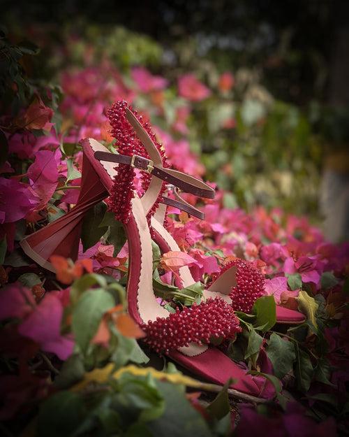 Marsala crystal sandals with twisted heel