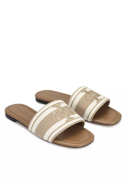 TORY BURCH DOUBLE T JACQUARD SLIDE IN BEIGE