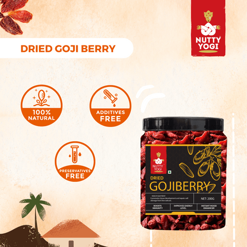 Nutty Yogi Dried Goji Berries, 250g (Unsweetened | Garnish or Add to Fruit Salads, Oatmeal, Mueslis, Trail Mixes, Ice creams, Baked Goods)