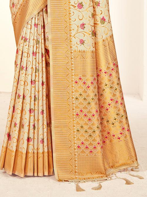 Cream Banarasi Silk Saree With Blouse Piece