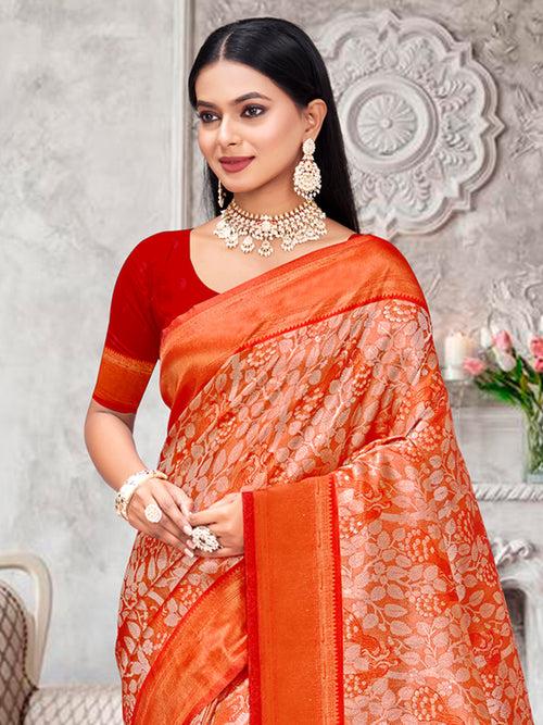 Orange Kanjivaram Silk Saree With Blouse Piece