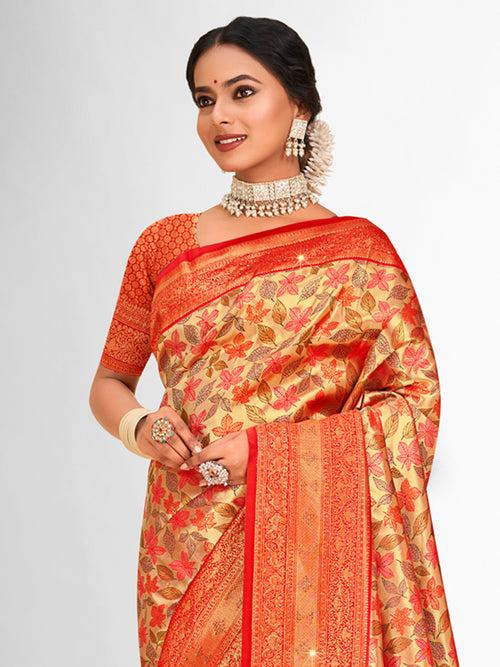 Orange Banarasi Silk Saree With Blouse Piece