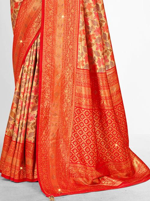 Orange Banarasi Silk Saree With Blouse Piece